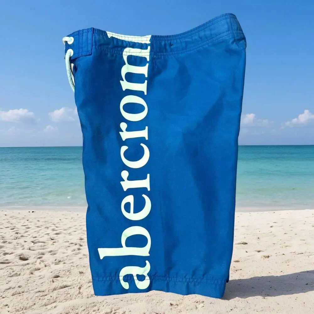 Abercrombie & Fitch Men's Blue Logo Board Shorts Y2K Swim Trunks Size 29